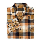 "Filson vintage work flannel gold and white and navy plaid black button long sleeve folded"
