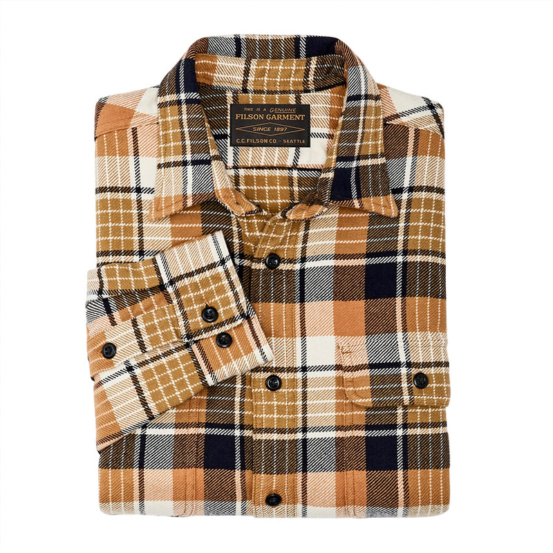 "Filson vintage work flannel gold and white and navy plaid black button long sleeve folded"