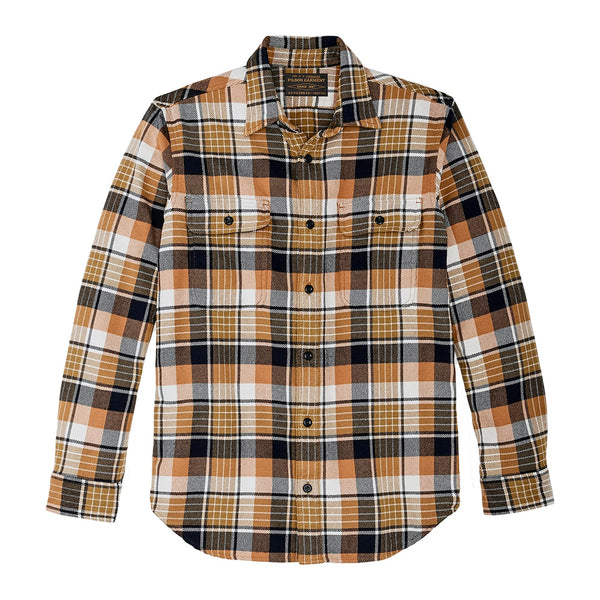 "Filson vintage work flannel gold and white and navy plaid black button long sleeve front"