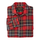 "Filson heavy duty Vintage work flannel red with charcoal white and yellow plaid folded"