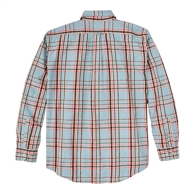 back lightweight long sleeve collared shirt blue red natural plaid