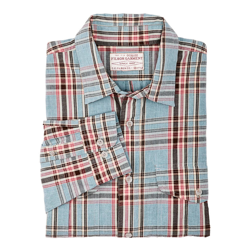 folded lightweight long sleeve collared shirt blue red natural plaid