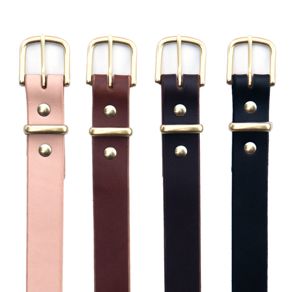 1 1/4" Camp Belt in Natural, Light Brown, Dark Brown and Black with Brass Hardware.