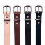 1 1/4" Natural, Light Brown, Dark Brown and Black Belts That Are Offered With Antique Brass Hardware.