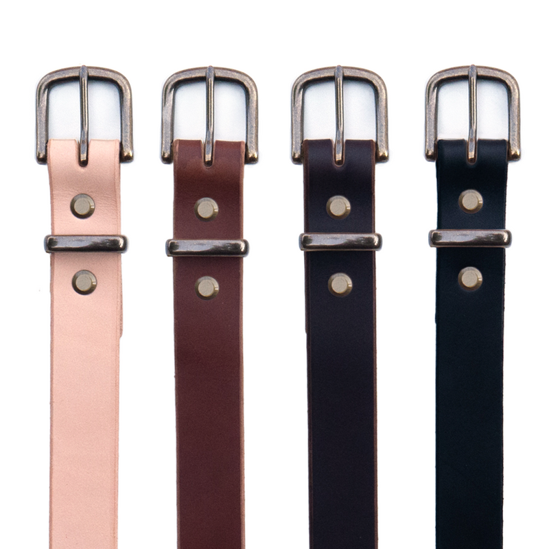 1 1/4" Natural, Light Brown, Dark Brown and Black Belts That Are Offered With Antique Brass Hardware.