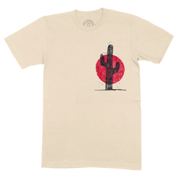 Linoleum printed t-shirt. Natural colored shirt with a red sun behind a black cactus. 