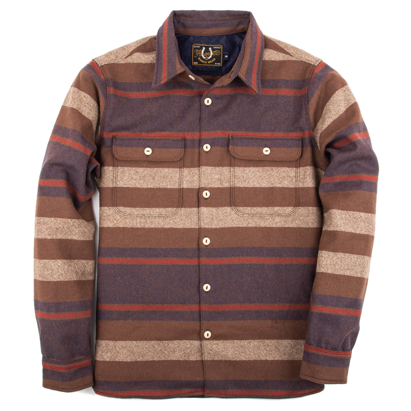 Front of Freenote Benson Overshirt in Brown Stripe