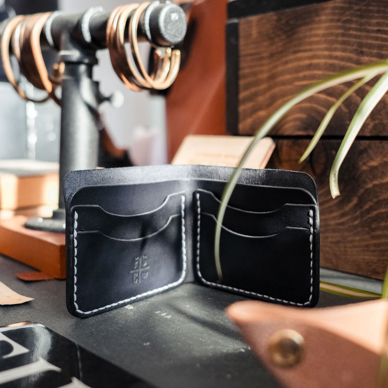 Black leather bifold wallet made in iowa
