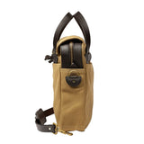 Tan briefcase with shoulder strap