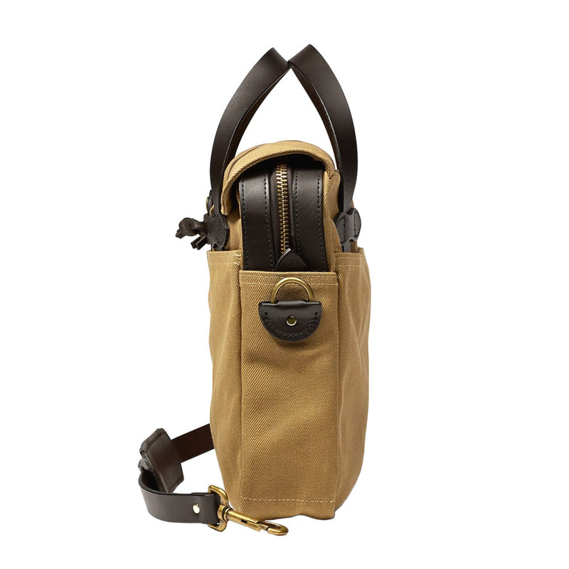 Tan briefcase with shoulder strap
