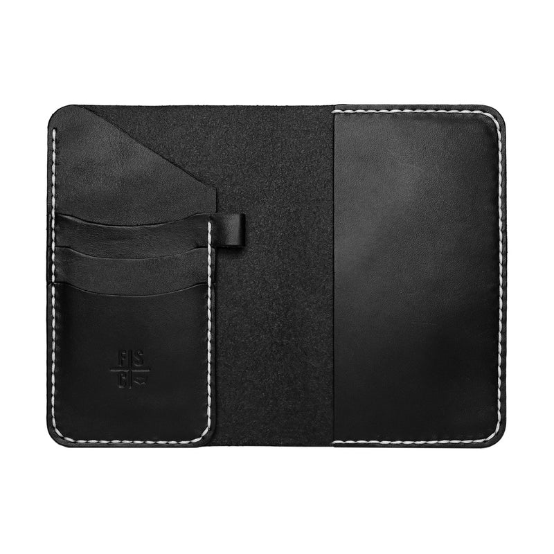 Black leather notebook wallet with pen loop