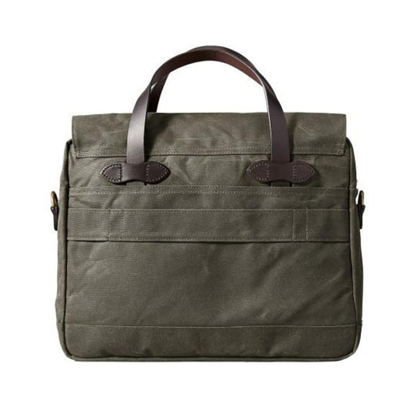 Back of Filson 24 Hour Tin Cloth Briefcase in Otter Green.
