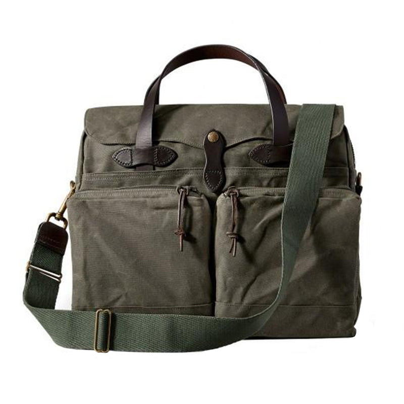 Front of Filson 24 Hour Tin Cloth Briefcase in Otter Green.