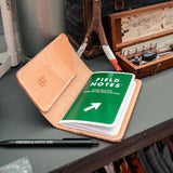 Natural leather wallet with Mile Marker field notes.