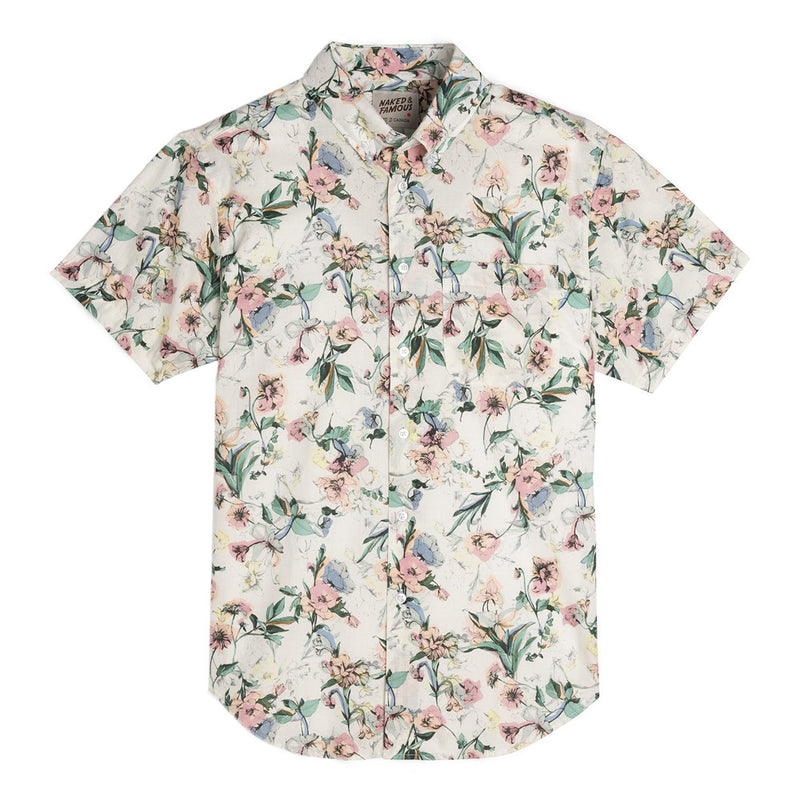 Naked & Famous Short Sleeve Easy Shirt Flower Painting in White