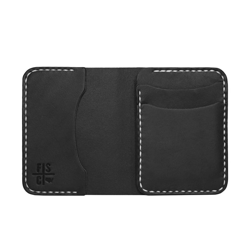 Black card wallet made with real leather and hand stitched in Des Moines