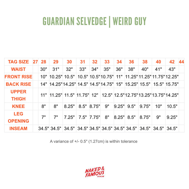 Naked and Famous denim size chart