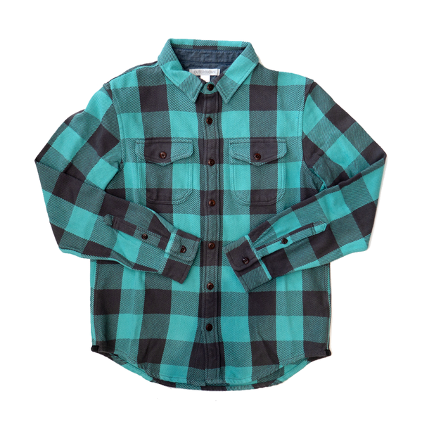 Front of Outerknown Blanket Shirt in Teal Green Check
