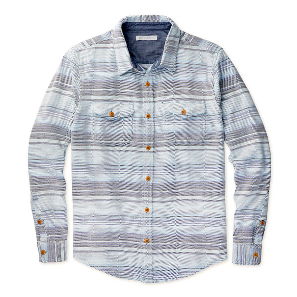 Front of Outerknown Blanket Shirt in Sky Blue Mojave Stripe