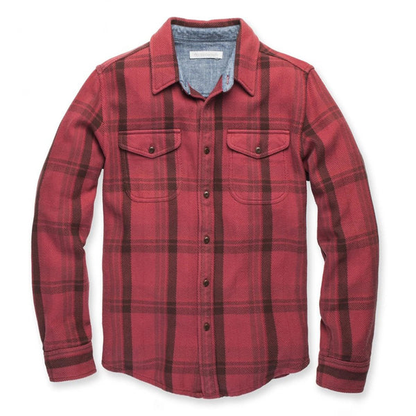 Front of Outerknown Blanket Shirt in Dusty Red Cusco Plaid