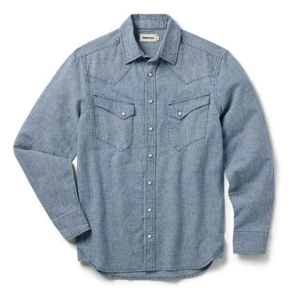 Front of Taylor Stitch Western Shirt in Indigo Stripe