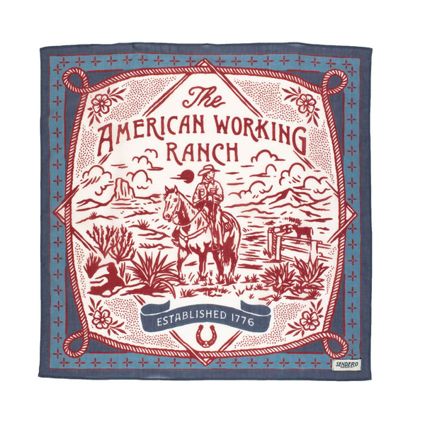 "red, white, and blue bandana with cowboy riding horse in desert"