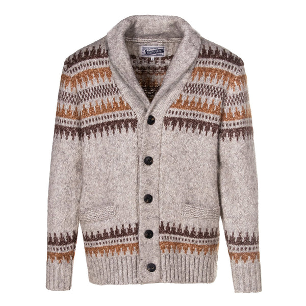 Front of Schott Yak Blend Motif Cardigan in Brown and Gold