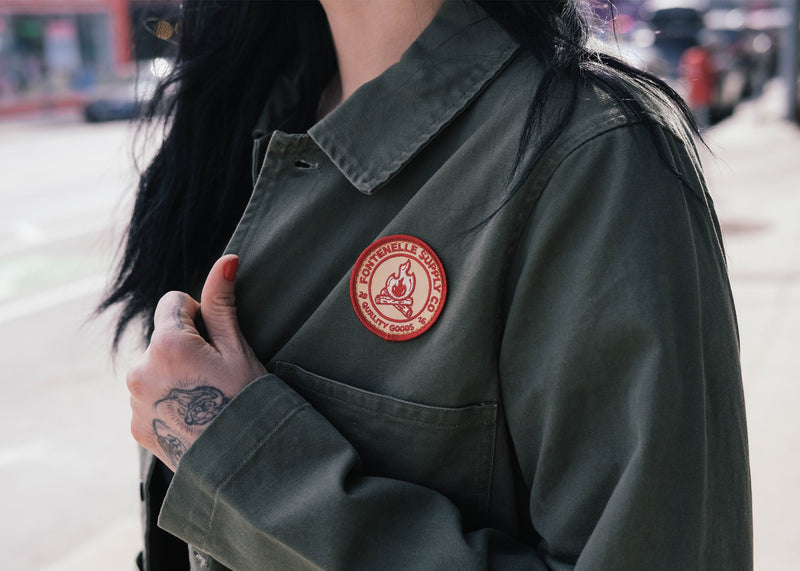 Close up of Fontenelle Supply Co logo patch on model