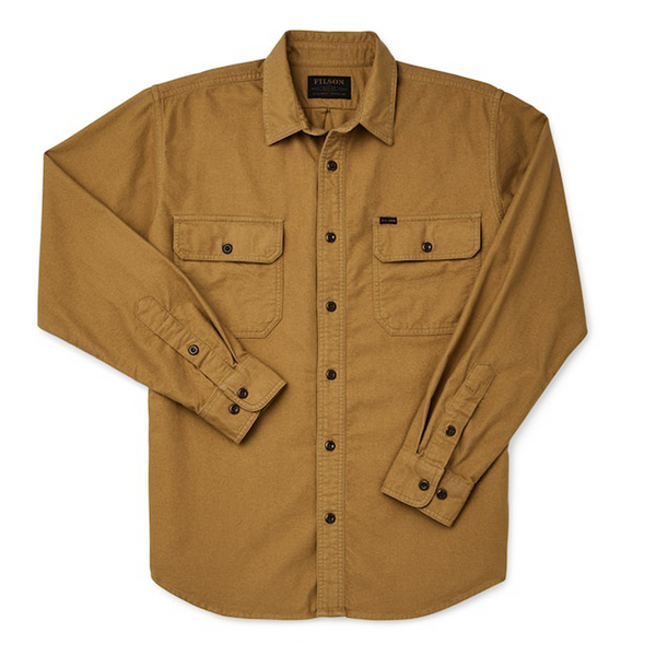 Front of Filson Field Flannel Shirt in Nubuck Tan