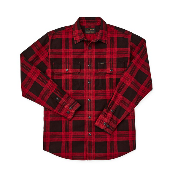 Front of Filson Field Flannel Shirt in Red Bark Plaid