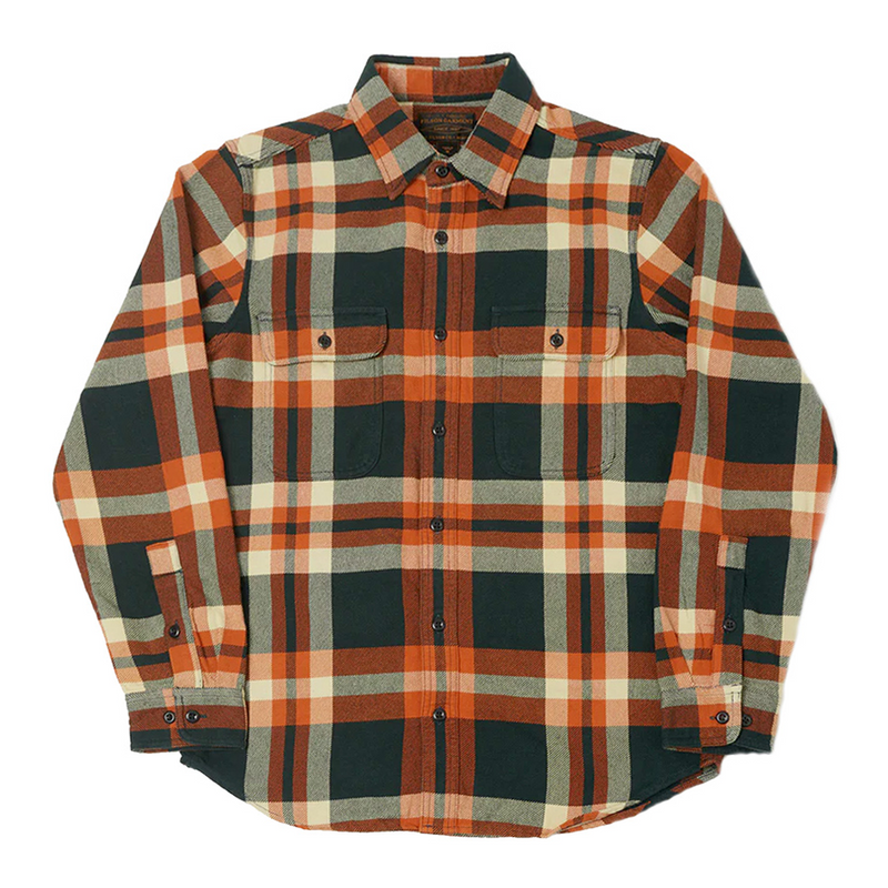Front of Filson Vintage Flannel Work Shirt in Fir River Rust Plaid
