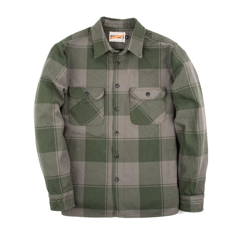 Front of Freenote Benson Overshirt in Olive Buffalo
