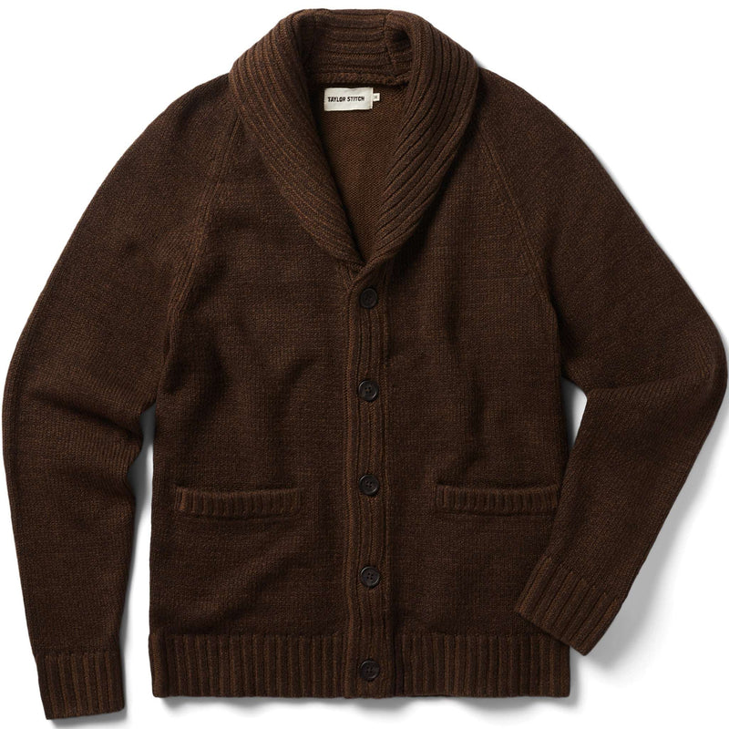 Front of Taylor Stitch Headland Shawl Cardigan in Marled Chocolate