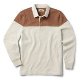 Front of Taylor Stitch Rugby Shirt in Mahogany and Natural Color Block