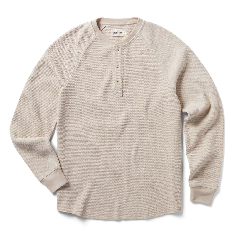 Front of Taylor Stitch Heavy Bag Waffle Henley in Oatmeal