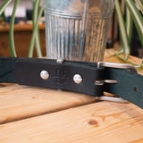 1 1/4" Camp Belt in Black with Matte Nickel. Showing the Inside.